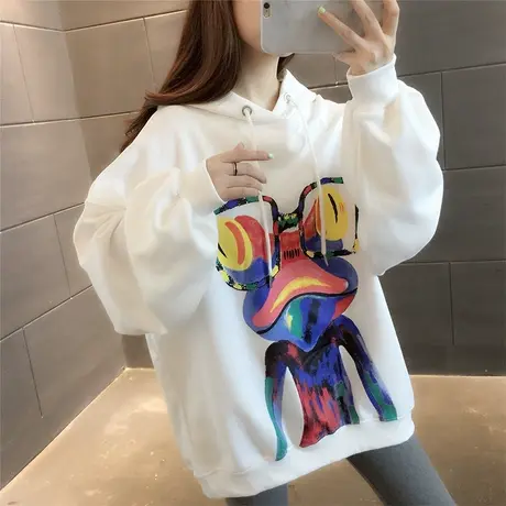 2023秋季新款韩版宽松中长款连帽卫衣女时尚网红印花休闲外套上衣商品大图