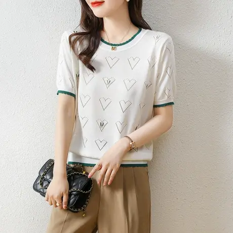 夏季女士短袖宽松t恤韩版拼色套头百搭薄款上衣显瘦百搭针织衫商品大图