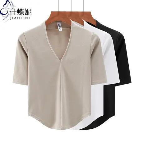 春夏新款韩版深V领修身纯棉下摆圆弧纯欲中袖体恤上衣内搭女打底商品大图