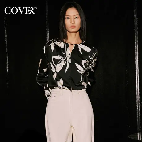 COVER秋季仿醋酸印花落肩袖宽松衬衫商品大图
