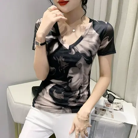 扎染印花短袖女夏季2024新款性感V领网纱T恤欧货上衣洋气百搭小衫商品大图