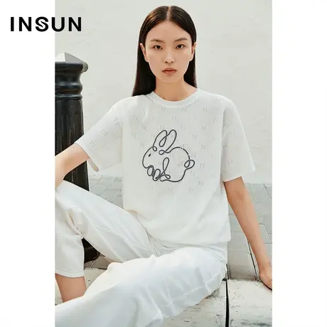 INSUN恩裳专选夏季老花提花钉珠冰丝针织衫商品大图