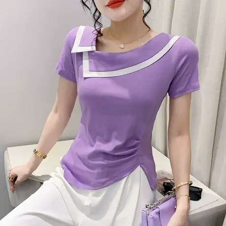 撞色斜领t恤短袖女2024新款设计感小众开叉上衣显瘦修身洋气小衫图片