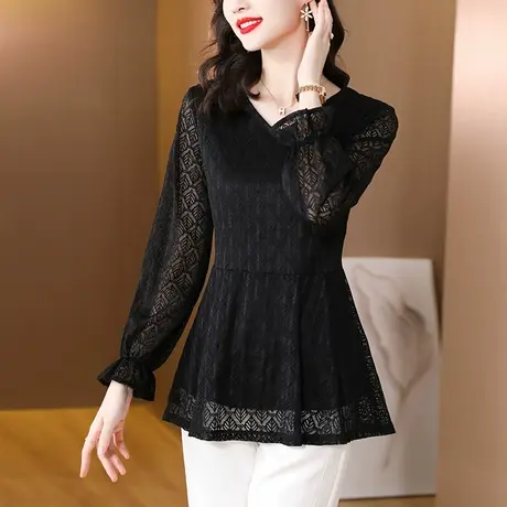 2023秋冬装加绒加厚打底衫女胖MM宽松遮肚长袖蕾丝衫女中长款上衣商品大图