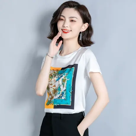 短袖t恤女夏装2021年新款仿真丝体桖时尚洋气减龄圆领印花上衣服图片