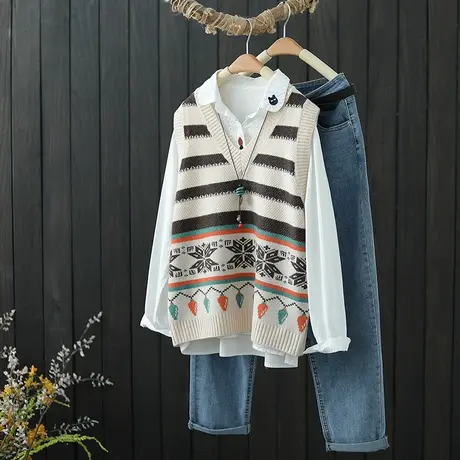 针织马甲女士春秋2022年新款宽松民族风提花拼色马夹V领坎肩背心商品大图