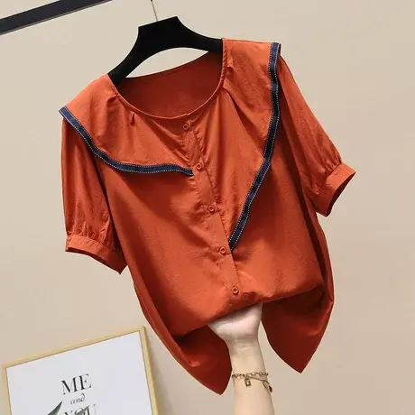 洋气荷叶边短袖衬衫女上衣夏季2023新款宽松显瘦遮肚子衬衣小衫仙商品大图