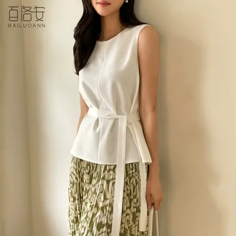 百洛安百搭圆领无袖衬衫女2024夏季新款质感通勤系带收腰衬衣上衣商品大图