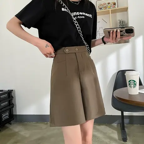 咖色五分西装裤女夏2024年薄款高腰垂感直筒宽松显瘦百搭阔腿短裤图片