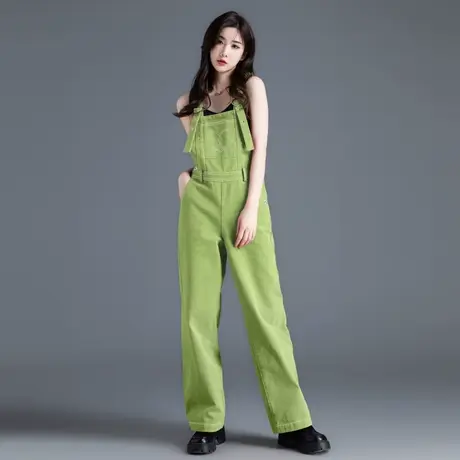 牛油果绿牛仔背带裤女2023秋冬新款直筒宽松加厚小个子连体阔腿裤商品大图