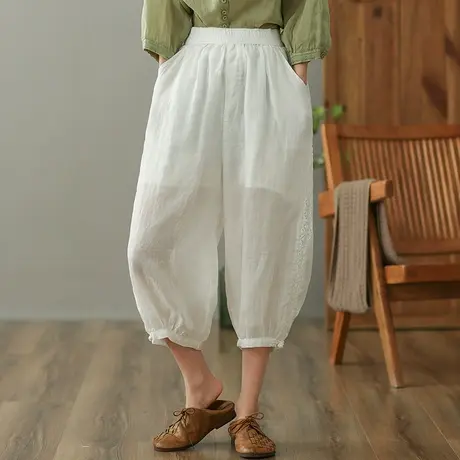 dza 高腰显瘦苎麻休闲裤女2023夏季薄款七分直筒阔腿裤棉麻哈伦裤图片