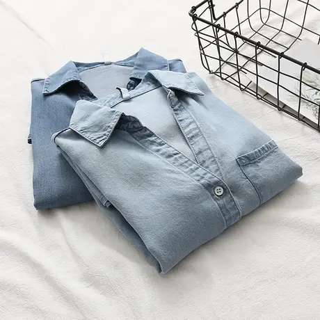 春秋季新款韩版宽松天丝牛仔衬衫女长袖修身垂感显瘦休闲内搭上衣图片