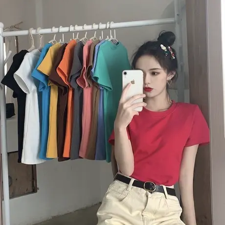 纯色t恤女短袖港风简约网红ins潮百搭洋气小心机上衣性感显瘦新款商品大图