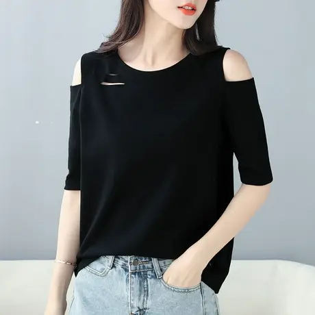 螺纹漏露肩上衣女性感心机割破破洞大码胖mm五七分中袖t恤打底衫商品大图
