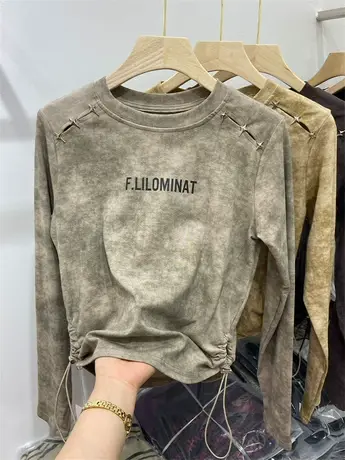 欧货字母扎染长袖t恤女2023春秋款设计感抽绳洋气打底衫内搭上衣图片