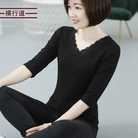 2025春装新款V领黑色七分袖打底衫半截袖女T恤上衣服修身体恤中袖商品大图