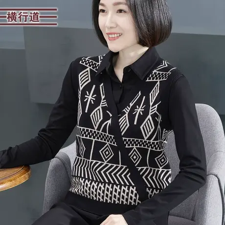 2025新款春装翻领假两件针织拼接中年妈妈长袖大码韩版复古上衣女商品大图