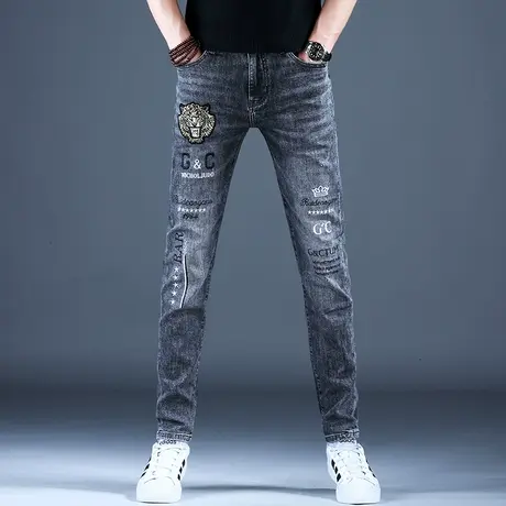 2023新款男士牛仔裤子时尚灰色修身刺绣小脚裤秋冬棉弹男潮牌长裤商品大图