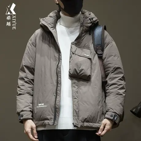 希越男士连帽外套新国标90%白鸭绒冬季宽松大码工装多口袋羽绒服商品大图