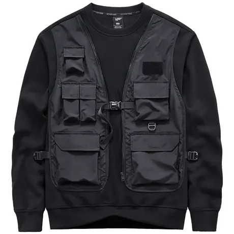 VIP机能假两件圆领卫衣男多口袋马甲拼接长袖t恤设计感小众上衣潮商品大图