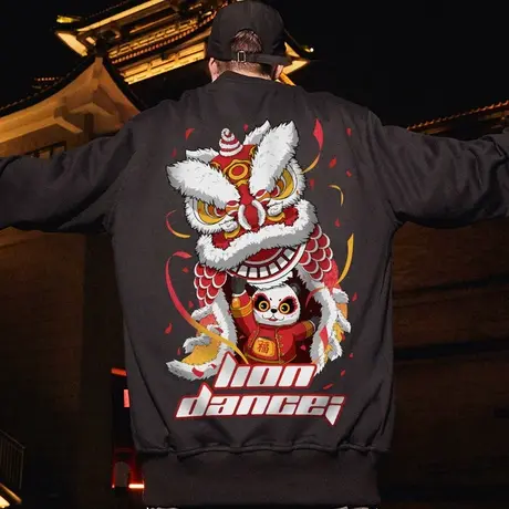 国潮中国风醒狮圆领大码潮牌胖子oversize外套春秋薄款卫衣男潮流图片