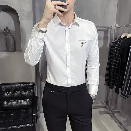 秋季新款刺绣免烫长袖衬衫男士时尚韩版修身潮流高级感白色衬衣商品大图