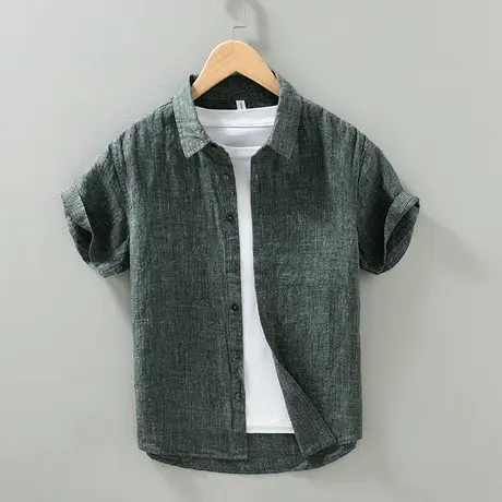 亚麻短袖衬衫男夏季薄款透气宽松全麻休闲衬衣高级感棉麻寸衫潮流商品大图