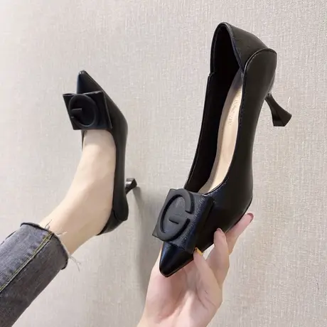 尖头细跟高跟鞋女2024新款时尚浅口黑色工作鞋春季百搭软皮单鞋女商品大图