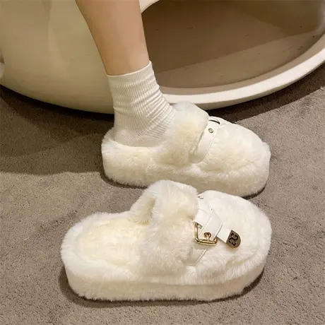 包头半拖鞋外穿女2023年早秋新款温柔法式气质毛毛鞋松糕厚底棉拖商品大图