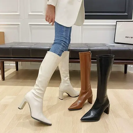 尖头粗跟长筒靴女2024年冬季新款英伦风不过膝高筒靴后拉链时装靴图片