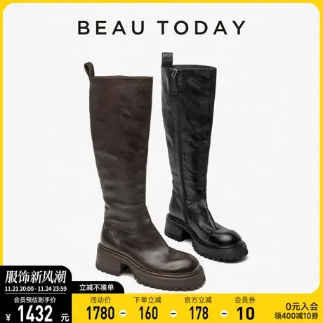 BeauToday长筒靴女秋冬过膝真皮骑士靴增高厚底高筒靴瘦瘦靴长靴商品大图