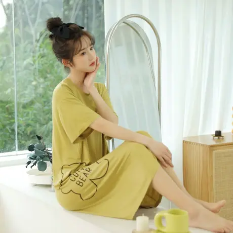家居服女睡衣夏季圆领短袖新款薄款冰丝休闲莫代尔睡裙宽松卡通商品大图