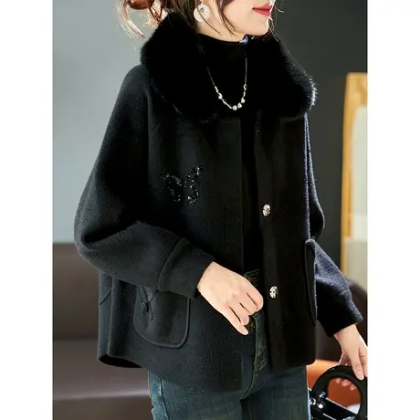 宝诗黎亮片宽松短款毛领羊毛外套女冬季2023新款显瘦洋气休闲上衣商品大图