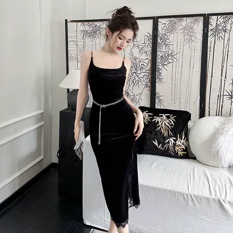 法式小众宴会黑色晚礼服女高级感复古减龄修身开叉丝绒吊带连衣裙商品大图