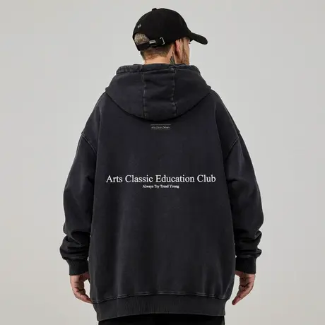 大码连帽美式重磅复古胖子男装字母宽松水洗做旧卫衣加绒春秋冬款商品大图