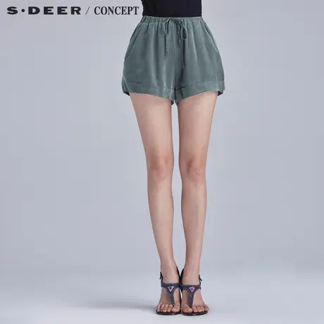 sdeer圣迪奥简约纯色抽绳休闲短裤女夏S16280936商品大图
