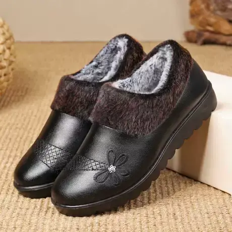 老北京布鞋女奶奶棉鞋秋冬加绒保暖棉靴防滑皮面中老年妈妈休闲鞋商品大图