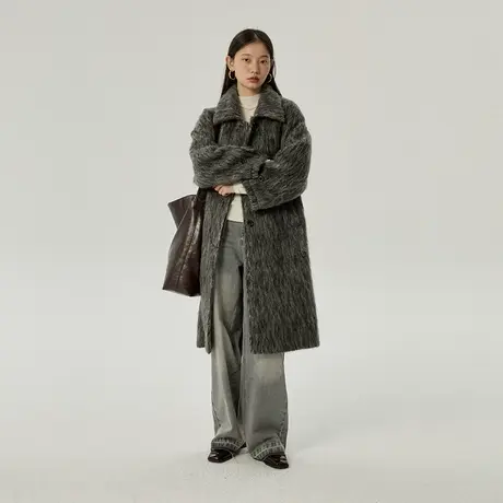 omont蛋挞家 阿尔巴卡长毛单面呢大衣2023冬季新款中长款毛呢外套商品大图