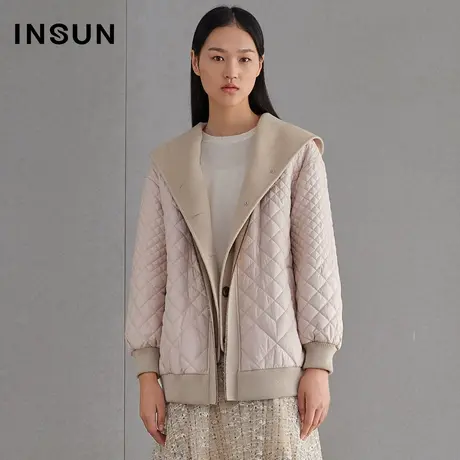 INSUN恩裳春季宽松粉色大翻领拼接毛呢外套图片
