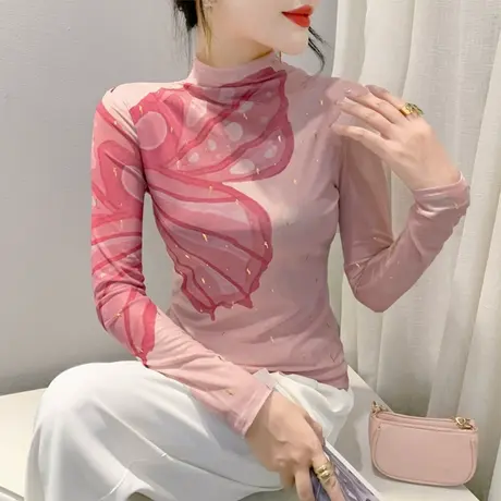 半高领加绒打底衫女长袖网纱印花时尚气质内塔上衣修身显瘦T恤ins商品大图