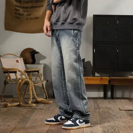 美式高街牛仔裤男款百搭水洗高端牛仔裤直筒男士裤子潮流牛仔裤图片