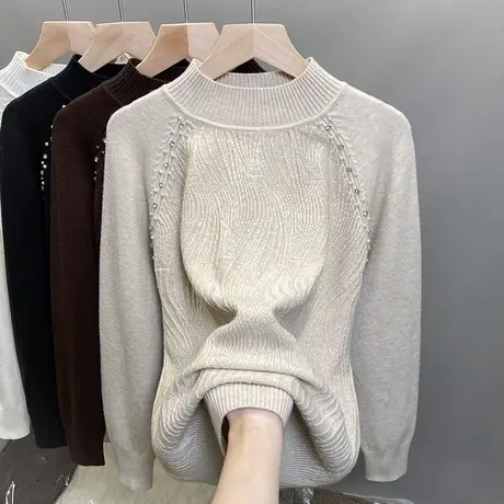 半高领毛衣女加厚打底衫2023秋冬新款套头外穿钉珠针织衫内搭上衣图片