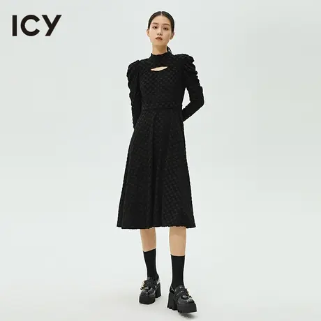 icy春秋新款棋盘格纹修身镂空泡泡袖半高领连衣裙女图片