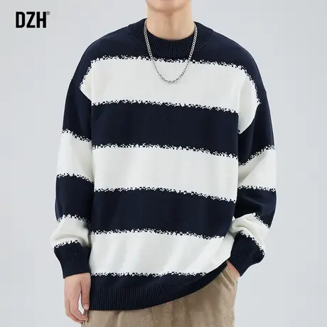 男士条纹圆领毛衣男高级感针织衫2024秋冬新款内搭打底衫冬装上衣商品大图