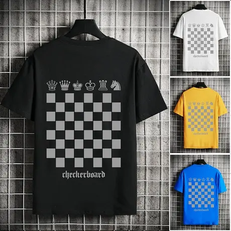 短袖t恤男2023年夏季潮牌港风宽松圆领半袖体恤ins棋盘格印花上衣商品大图