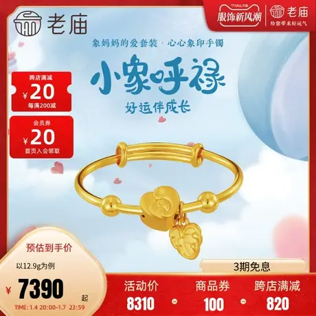 老庙黄金5D足金小象呼禄母子棕榈叶推拉儿童手镯出生礼物官方正品商品大图