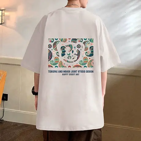 国潮民族风腰果印花短袖T恤男夏季薄款纯棉半袖宽松2023新款潮牌t商品大图