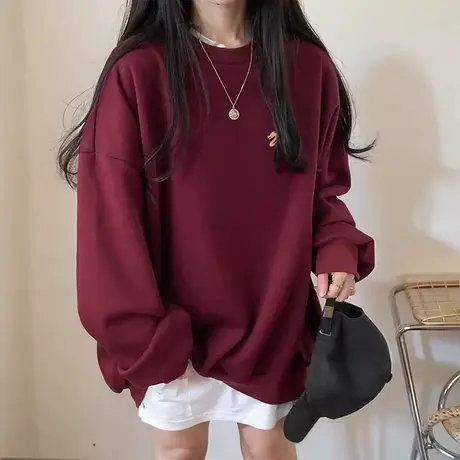 酒红色套头卫衣女龙年2024新款冬季加绒外套ins潮大码高级感上衣商品大图