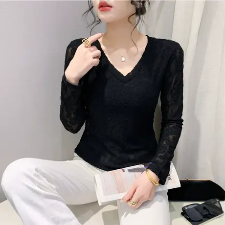 性感镂空V领蕾丝提花长袖打底衫春装新款气质内塔上衣女修身百塔商品大图