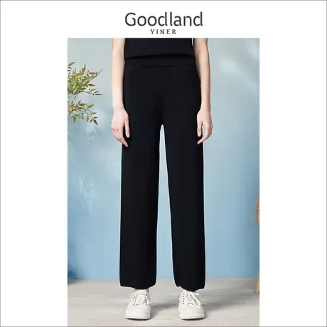 【赫本猫联名】Goodland美地女装2023春季高腰阔腿弹力休闲裤商品大图